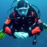 Diving - Human in Black Orange Swimming Suit in Blue Body of Water