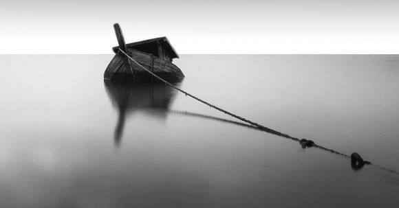 Sunken Ship - Grayscale Photography of Boat on Calm Water