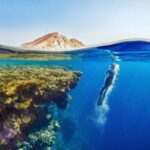 Diving Locations - a person swimming in the ocean with a mountain in the background