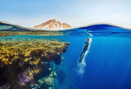 Diving Locations - a person swimming in the ocean with a mountain in the background