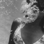 Diving Mask - Black and White Underwater Photo of Woman with Tattoo