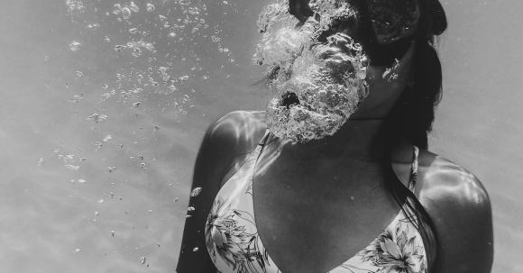 Diving Mask - Black and White Underwater Photo of Woman with Tattoo