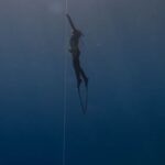 Wetsuit - Side view of anonymous diver in wetsuit and flippers swimming up rope under transparent crystal blue seawater close to surface
