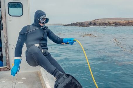 Scuba Diving - Person in Scuba Diving Gear Sitting on a Boat Holding a Yellow Hose