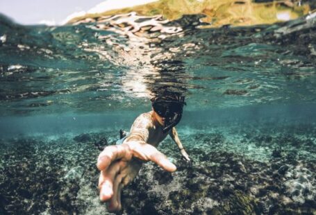 Diving - underwater photography of man wearing snorkel lending his hand