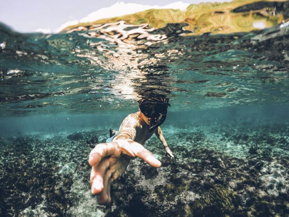 Diving - underwater photography of man wearing snorkel lending his hand