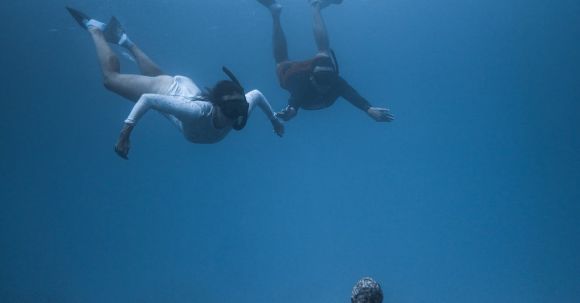 Snorkel - Unrecognizable divers in scuba masks and flippers swimming underwater of blue ocean and observing ancient sunken Buddha statue