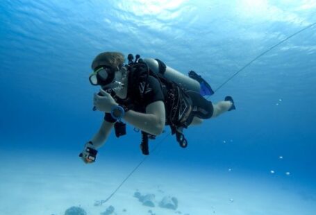 Diving - person in black and white diving suit under water