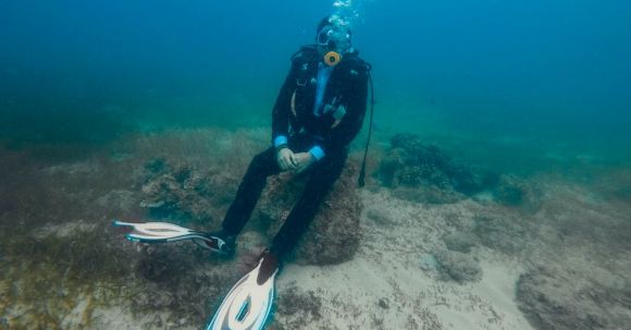 Diving Mask - Fit anonymous frogman in diving dress and flippers sitting on stone with hands together under ocean water with sand and seaweed on bottom and bubbles above oxygen mask