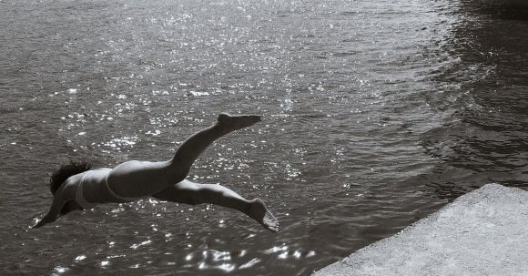 Diving - Grayscale Photography Of Woman Diving Into Water