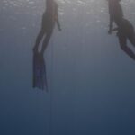 Wetsuit - From below of anonymous divers in wetsuits with flippers swimming up rope under clear sea water in sun rays