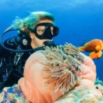 Diving - female diver near sea sponge during daytime