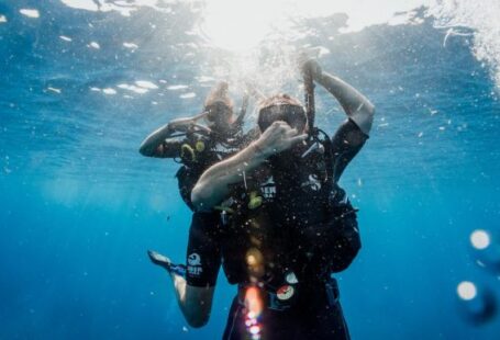 Scuba Diving - man in black wetsuit diving on water